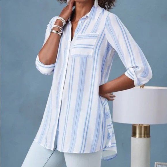 Soft Surroundings Tops - Soft Surroundings Blue White Stripe Long Line Tunic Style Blouse